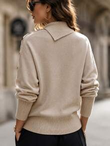 SHEIN Cable Knit Sweater, Asymmetrical Collar Knit Top, Shoulder Button Jumper, Batwing Sleeve Knitwear, N - Khaki - View 2