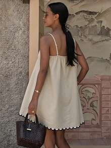 Cévolie Women's Plus Size Casual Vacation Contrast Lace Camisole Dress - Khaki - View 2