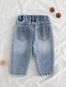 Boys' Thermal Lined Thick Denim Jeans, Light Blue Washed Loose Rolled Hem Wide Leg Pants, Baby Boy Autumn/Winter Casual Outdoor Trousers - Light Wash - View 2