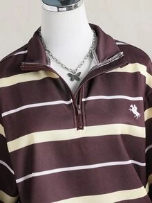 青少年女孩條紋半拉鍊運動衫，學院風 Polo 領長袖休閒套頭上衣，適合校園穿著 - 棕色 - 查看 5