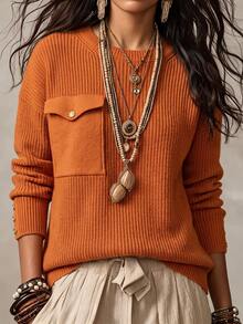 Linhara CURVE Sweater Pullover Rajut Bergaris Warna Polos Ukuran Besar untuk Wanita dengan Saku Depan, Gaya Kasual Minimalis untuk Perjalanan Sehari-hari di Musim Gugur/Dingin dan Halloween - Jeruk - View 4