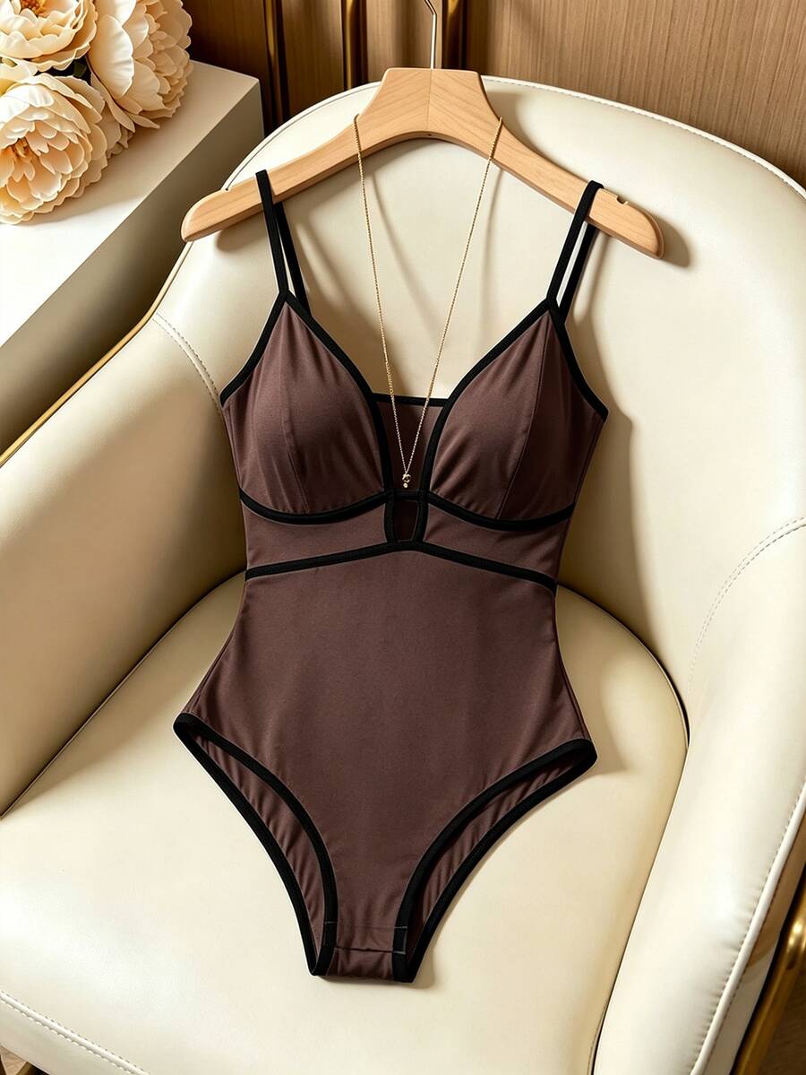 Franclia 女款針織高彈性細肩帶修身連身褲 海灘度假棕色格紋夏季性感款 - 棕色 - 查看 1