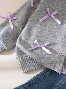Genkimix Kids Young Girls Autumn Korean Style Minimalist Ribbon Bow Contrast Color Grey Long Sleeve Cardigan With Split Flare Denim Jeans Long Pants Autumn Outfit - Multicolor - View 4