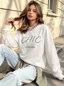 Cévolie Ins Minimalist Streetwear Casual Letter Green And White Sweatshirt, Loose Lazy Flattering Basic Commuter Long Sleeve Top Travel Autumn Winter - White - View 7