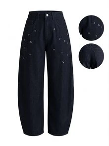SHEIN Women's Fashion Metal Eyelet Decor Original Color Washed Denim Jeans - Navy Blue - View 1