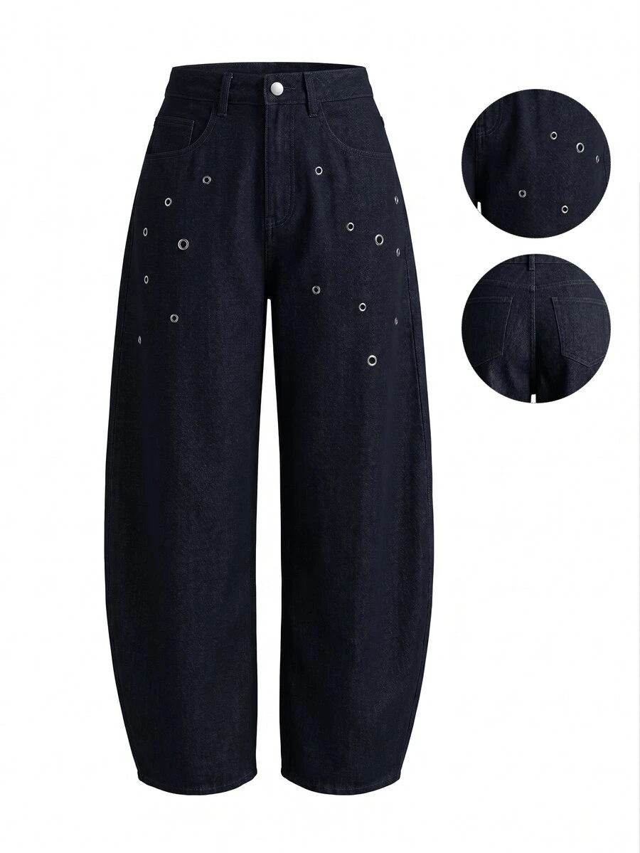 SHEIN Women's Fashion Metal Eyelet Decor Original Color Washed Denim Jeans - Navy Blue - View 1