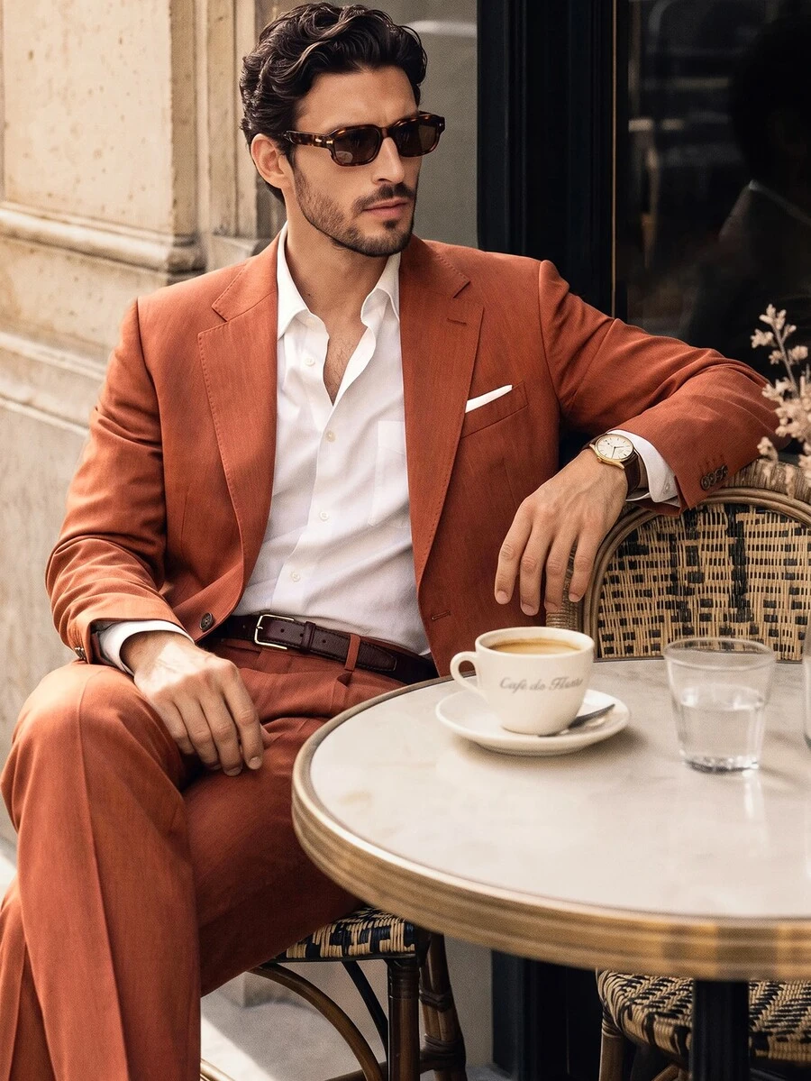 Suiteron Men's Casual Button Long Sleeve Blazer And Pocket Long Pants Suit Set , Italian-Tailored Relaxed Suit Set , Smart Casual, Business Commuting , Formal - Rust Brown - View 1