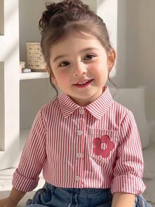 SHEIN Playful Pals 1件女嬰鈕扣襯衫，甜美紅白條紋花朵貼布長袖翻領，正裝款，生日派對秋季假期獨角獸韓風 - 紅色 - 查看 1