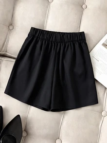 SHEIN Franclia 2026 Lady's Autumn-Winter New Style 3 PiecesPants, High-Waisted Slimming A-Line Black Wide-Leg Shorts With Metal Decorative Buttons, Luxurious And Exq - Black - View 2
