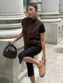Flirla Women's Brown Lamb Fleece High Neck Sleeveless Pocket Vest Jacket, Fashionable Retro Style For Autumn/Winter - Brown - View 6