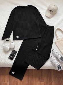 Comfortcana Plus Size Autumn Casual Solid Color Top And Pants 2 Pieces Set - Black - View 3