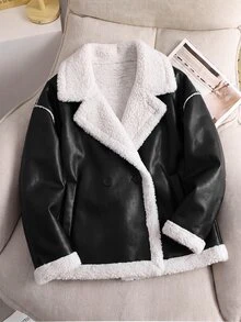 SHEIN Tween Girl PU Composite Thermal Lined Contrast Color Collar Biker Jacket, Autumn/Winter Outwear - Black - View 10