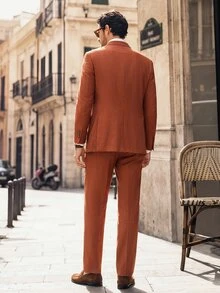 Suiteron Men's Casual Button Long Sleeve Blazer And Pocket Long Pants Suit Set , Italian-Tailored Relaxed Suit Set , Smart Casual, Business Commuting , Formal - Rust Brown - View 4