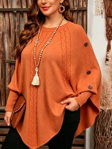 Linhara CURVE Plus Size Women's Solid Color Knit Ribbed Batwing Sleeve Pullover Sweater, Minimalist Casual Style, Suitable For Autumn/Winter Daily Commute, Office, Campus, Romantic Vacation - Orange - View 4