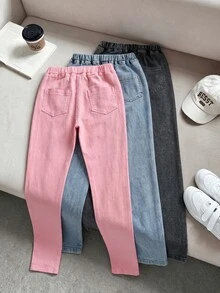 SHEIN TWEEN GIRLS Jeans 3-Piece Set, High Elasticity Comfortable Soft Denim Fabric, Three-Color Multi-Piece Set, Waist Button Detail, Casual All-Match Style, Versatile Fit, Minimalist Design. Suitable For Autumn/Winter Wear, Autumn New Arrival, High Cost-Performance Multi-Piece Set - Multicolor - View 2