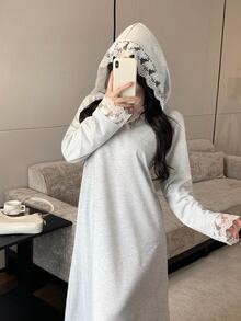 Modelyn Sweatshirt Panjang Wanita Motif Bunga Renda Patchwork Longgar Berkerudung Abaya Muslim - Light Grey - View 5