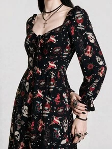 Breakform Halloween Dark Style Vintage Tattoo Print Waist-Cinching Slimming Dress - Multicolor - View 6