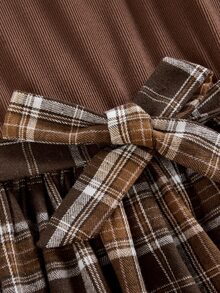 SHEIN Teen Girl Plaid Puff Sleeve A-Line Long Sleeve Fall Dress, Brown Cream Elastic Waist Daily Dresses, Brown Skirt, Brown Dress, Fall Outfits, Cute - Coffee Brown - View 4