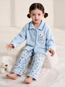 2pcs/Set Girls Pajama Set, Pink & Blue Solid Color Open Front Flannel Top + Exquisite Pattern Long Pants, Top Pocket With 3D Padded Cute Rabbit, Suitable For Autumn/Winter Home Wear - Blue - View 3