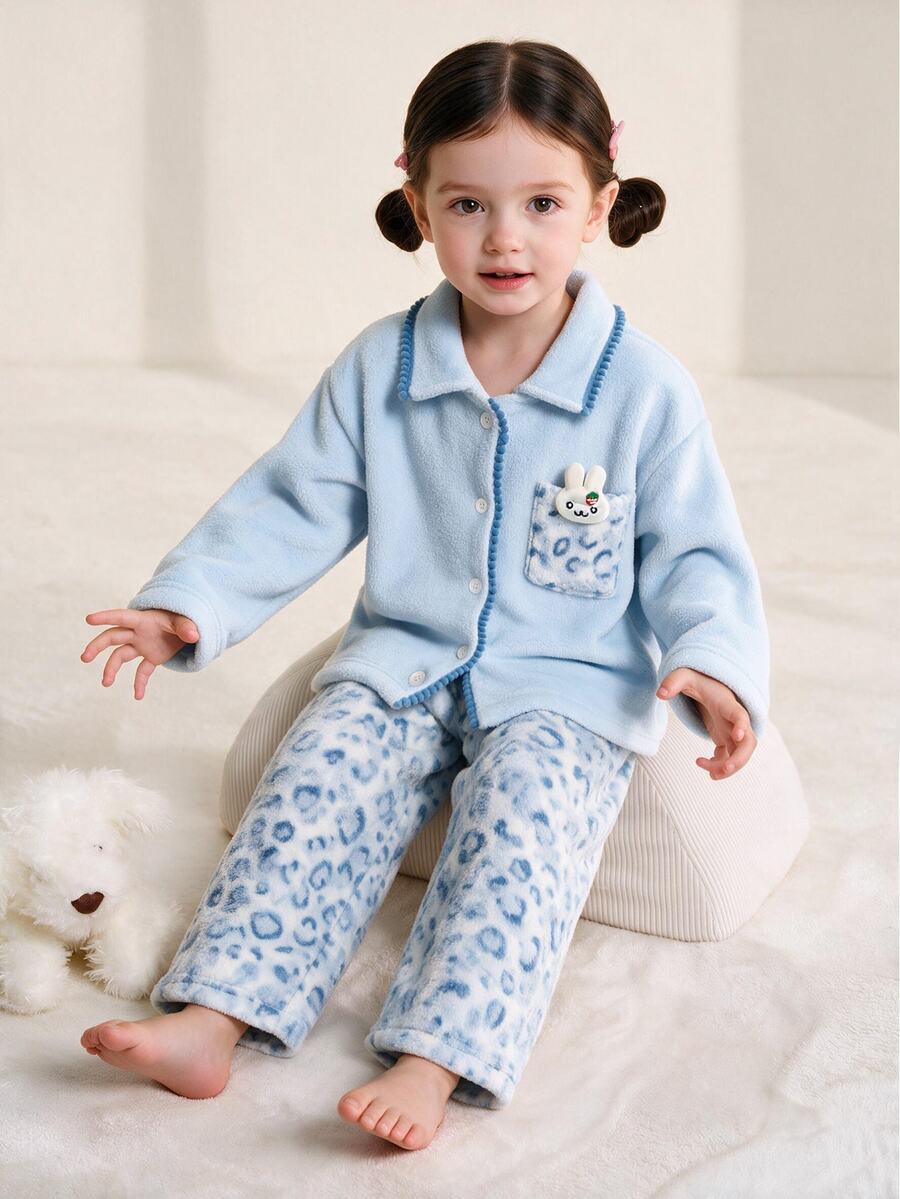 2pcs/Set Girls Pajama Set, Pink & Blue Solid Color Open Front Flannel Top + Exquisite Pattern Long Pants, Top Pocket With 3D Padded Cute Rabbit, Suitable For Autumn/Winter Home Wear - Blue - View 1