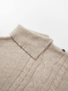 SHEIN Cable Knit Sweater, Asymmetrical Collar Knit Top, Shoulder Button Jumper, Batwing Sleeve Knitwear, N - Khaki - View 7