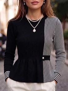GlowEve CURVE Plus Size Women's Patchwork Striped Long Sleeve Casual Pullover Sweater Winter - Black - View 3