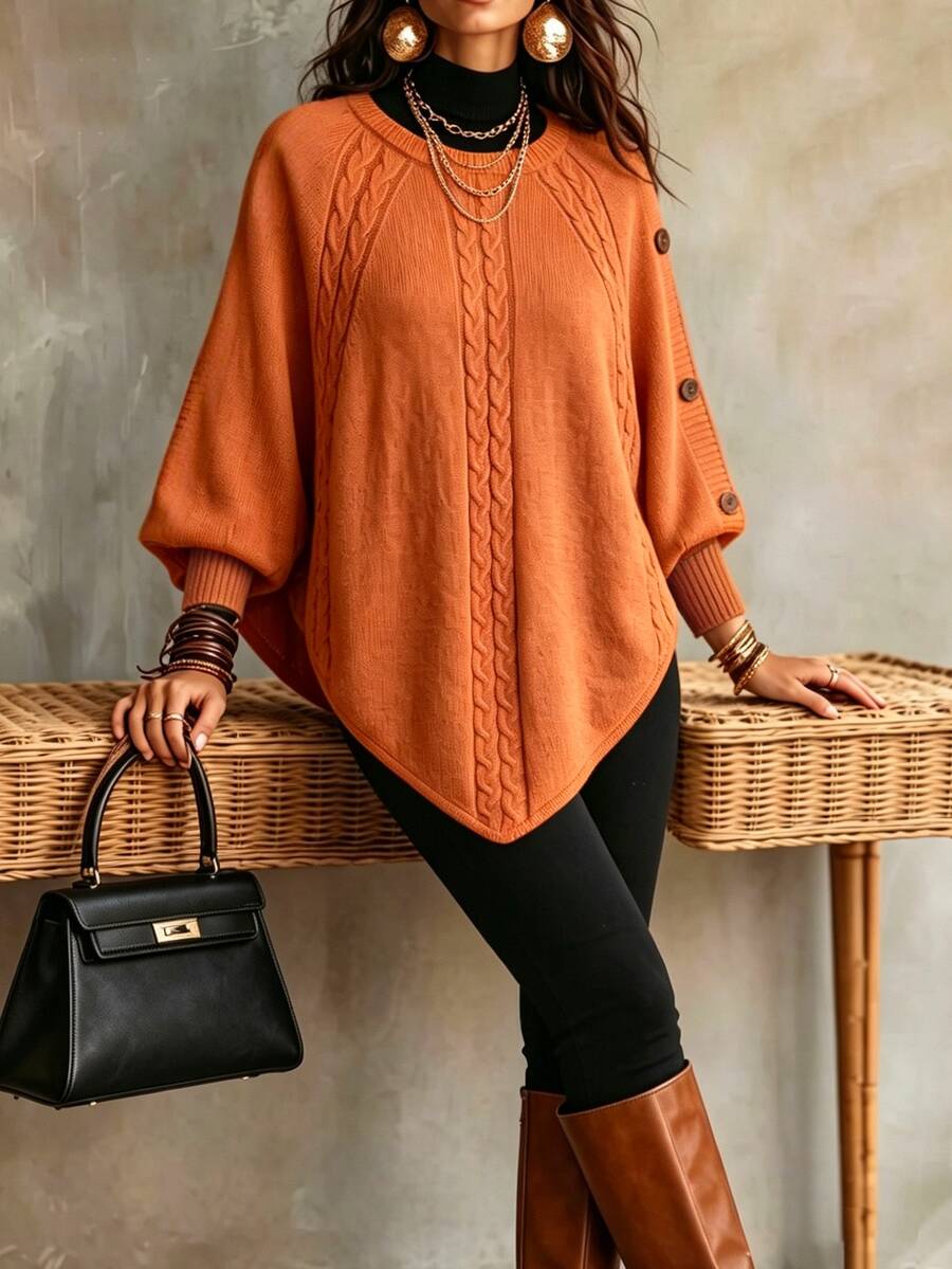 Linhara CURVE Sweater Pullover Rajut Bergaris Lengan Kelelawar Warna Polos Ukuran Besar untuk Wanita, Gaya Kasual Minimalis, Cocok untuk Perjalanan Sehari-hari Musim Gugur/Musim Dingin, Kantor, Kampus, Liburan Romantis - Jeruk - View 1