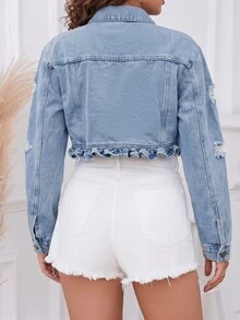 Flexra Women's Washed Distressed Denim Jacket With Ruffle Hem - Light Wash - View 2