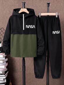 SHEIN 青少年男孩半拉鍊連帽外套與慢跑褲2件套，休閒運動風，適合秋冬、通勤、上學、日常穿著、度假、旅行、運動，四季皆宜，抓絨加厚 - 彩色 - 查看 4