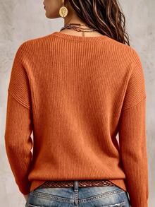 Linhara CURVE Sweater Pullover Rajut Bergaris Warna Polos Ukuran Besar untuk Wanita dengan Saku Depan, Gaya Kasual Minimalis untuk Perjalanan Sehari-hari di Musim Gugur/Dingin dan Halloween - Jeruk - View 2