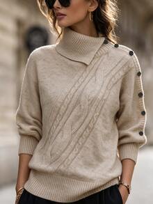 SHEIN Cable Knit Sweater, Asymmetrical Collar Knit Top, Shoulder Button Jumper, Batwing Sleeve Knitwear, N - Khaki - View 1