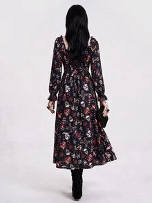 Breakform Halloween Dark Style Vintage Tattoo Print Waist-Cinching Slimming Dress - Multicolor - View 2