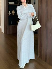 Modelyn Sweatshirt Panjang Wanita Motif Bunga Renda Patchwork Longgar Berkerudung Abaya Muslim - Light Grey - View 7
