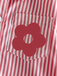 SHEIN Playful Pals 1件女嬰鈕扣襯衫，甜美紅白條紋花朵貼布長袖翻領，正裝款，生日派對秋季假期獨角獸韓風 - 紅色 - 查看 5