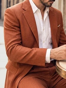Suiteron Men's Casual Button Long Sleeve Blazer And Pocket Long Pants Suit Set , Italian-Tailored Relaxed Suit Set , Smart Casual, Business Commuting , Formal - Rust Brown - View 2