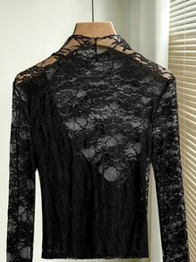 GlowEve CURVE Plus Size Women's Elegant Sheer Elastic Lace Layering Base Long Sleeve Fitted Black Top Fall - Black - View 2