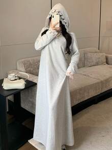 Modelyn Sweatshirt Panjang Wanita Motif Bunga Renda Patchwork Longgar Berkerudung Abaya Muslim - Light Grey - View 1