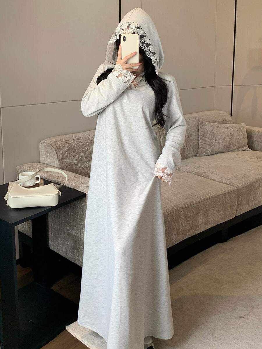 Modelyn Sweatshirt Panjang Wanita Motif Bunga Renda Patchwork Longgar Berkerudung Abaya Muslim - Light Grey - View 1