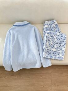 2pcs/Set Girls Pajama Set, Pink & Blue Solid Color Open Front Flannel Top + Exquisite Pattern Long Pants, Top Pocket With 3D Padded Cute Rabbit, Suitable For Autumn/Winter Home Wear - Blue - View 2