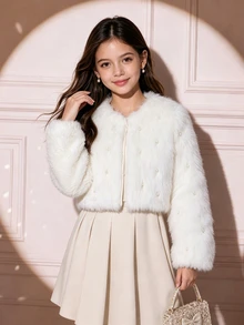 Sparklyn 1件女款時尚短款長毛絨優雅杏色舒適雙層內裡長袖毛茸茸外套，適合秋冬、室內、戶外、旅行、街頭穿搭、休閒、居家、派對，百搭外套 - 白色 - 查看 7