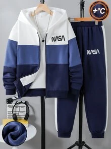 青少年男孩 13-16Y 配色拉鍊連帽外套與慢跑褲 2件套運動服，保暖字母印花秋冬運動休閒套裝，適合學校、日常與街頭穿搭 - 藍白色 - 查看 3