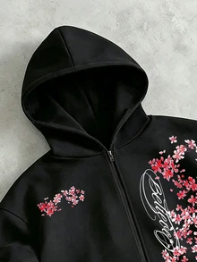 GymRaken Men's Floral Print Zip-Up Hooded Sports Jacket - Black - View 4