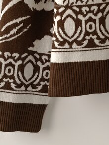 Linhara CURVE Plus Size Vintage Jacquard Fashion Button Long Sleeve Knit Cardigan - Coffee Brown - View 7