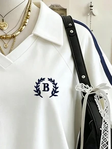 Lalippa 橄欖枝刺繡編織飾邊時尚極簡女款領口V領落肩短袖T恤，送給朋友的禮物 - 白色 - 查看 3