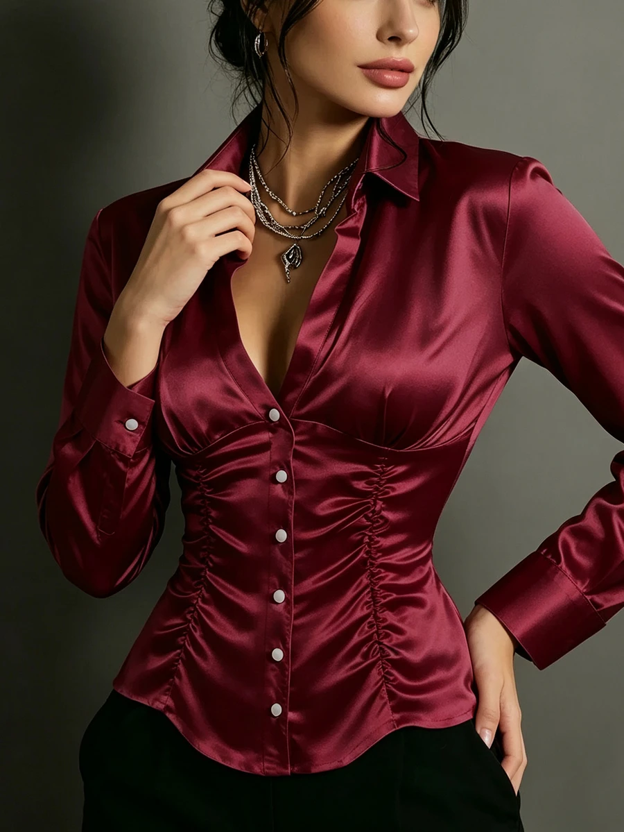 Glimmora Sexy Hot Girl Single-Breasted Ruched Satin Blouse Top - Burgundy - View 1