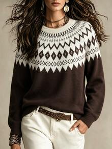 SHEIN Women Fall Winter Crew Neck Fair Isle Geometric Pattern Knit Sweater Long Sleeve Pullover - Brown - View 8