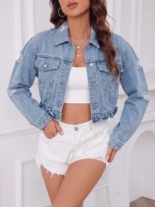 Flexra Women's Washed Distressed Denim Jacket With Ruffle Hem - Light Wash - View 4