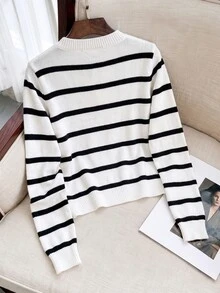 SHEIN Young Girl Knitted Striped Crew Neck Casual Cardigan - Black and White - View 2