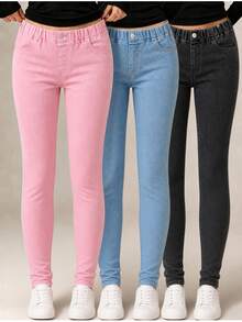 SHEIN TWEEN GIRLS Jeans 3-Piece Set, High Elasticity Comfortable Soft Denim Fabric, Three-Color Multi-Piece Set, Waist Button Detail, Casual All-Match Style, Versatile Fit, Minimalist Design. Suitable For Autumn/Winter Wear, Autumn New Arrival, High Cost-Performance Multi-Piece Set - Multicolor - View 4