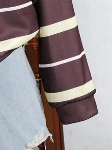青少年女孩條紋半拉鍊運動衫，學院風 Polo 領長袖休閒套頭上衣，適合校園穿著 - 棕色 - 查看 4